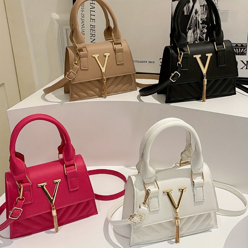Luxury Bags Without Logo - Fashion Quilted Top-Handle Bag, Gold V-Shape